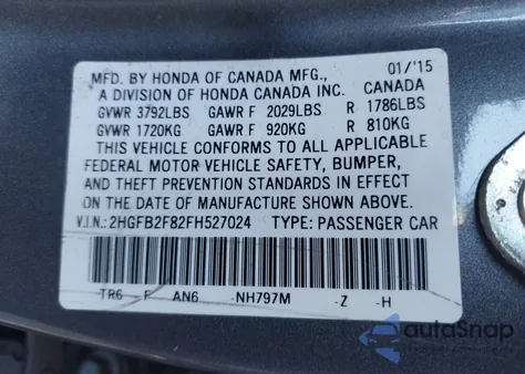 2015 Honda Civic Ex from USA, damaged, VIN 2HGFB2F82FH527024